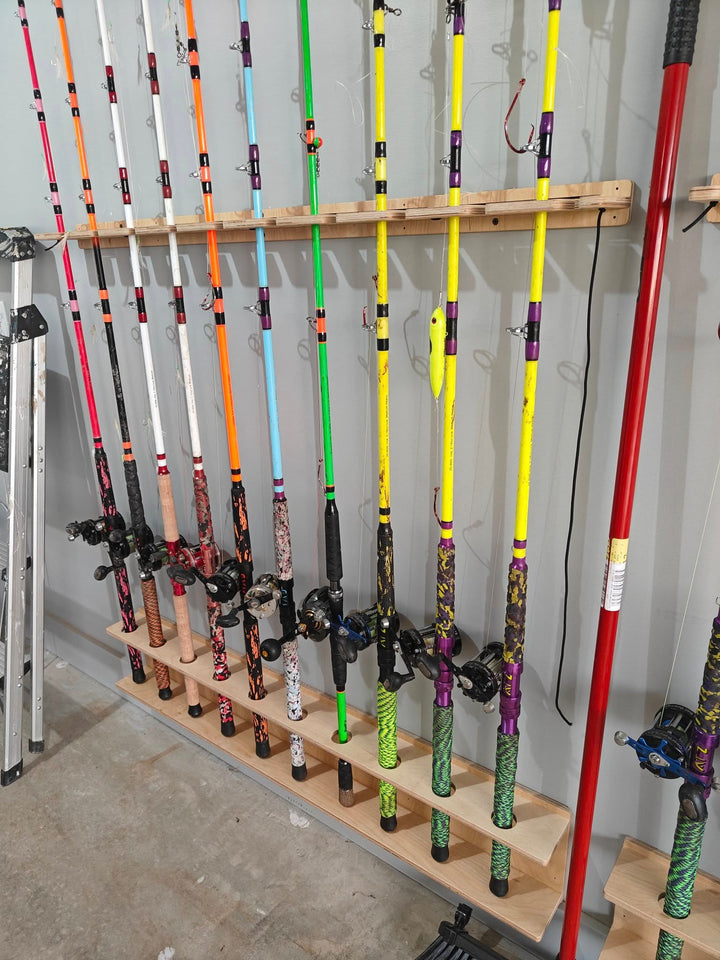 Wood-wall mount rod storage rack (unfinished wood)