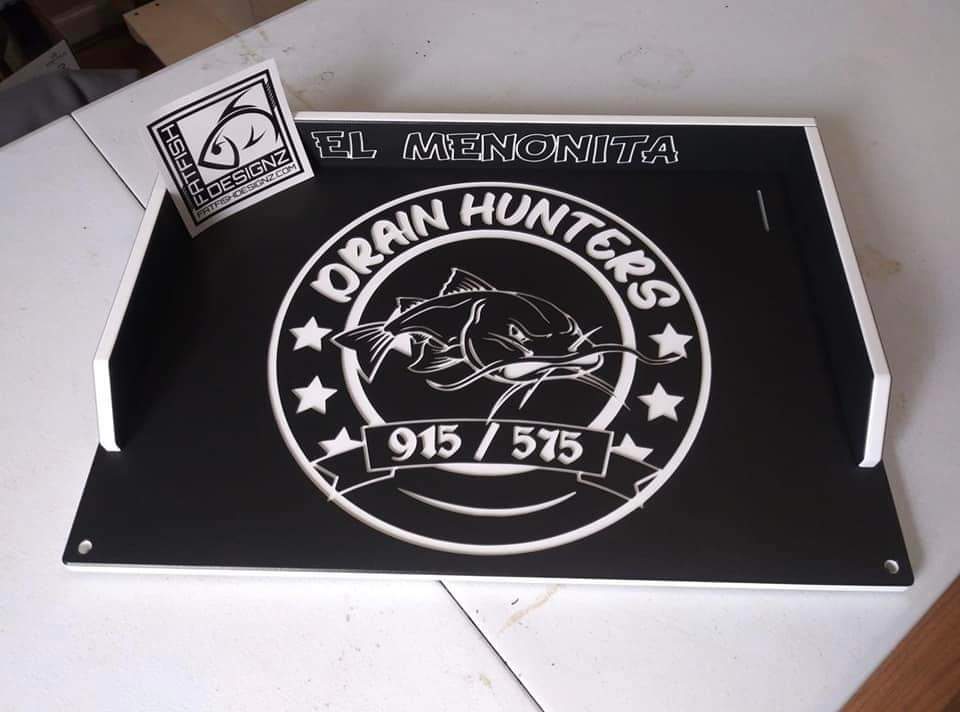 cutting board - bait board- custom logo- drain hunters-14x20-black/white/black - fat fish designz
