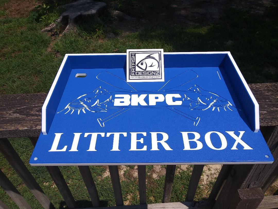 cutting board - bait board- custom logo- litter box-14x20- blue-white-blue fat fish designz