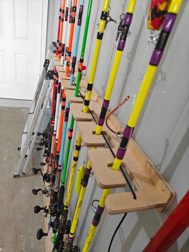 diy rack fishing pole wall Wall-Mount Rod Solid Maple Fishing Rod Rack Vertical Rod Rack Notches are 2 apart Solid maple wood construction Semi DIY Home Made Fishing Rod